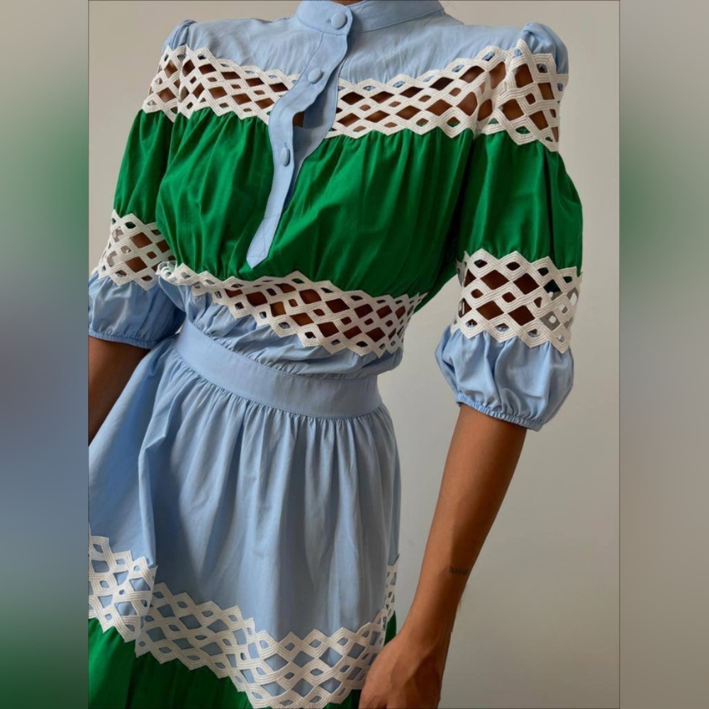 Dolce Squa BLUE & GREEN COLOR BLOCK MAXI WITH WHITE TRIMMINGSsz L - Picture 3 of 15